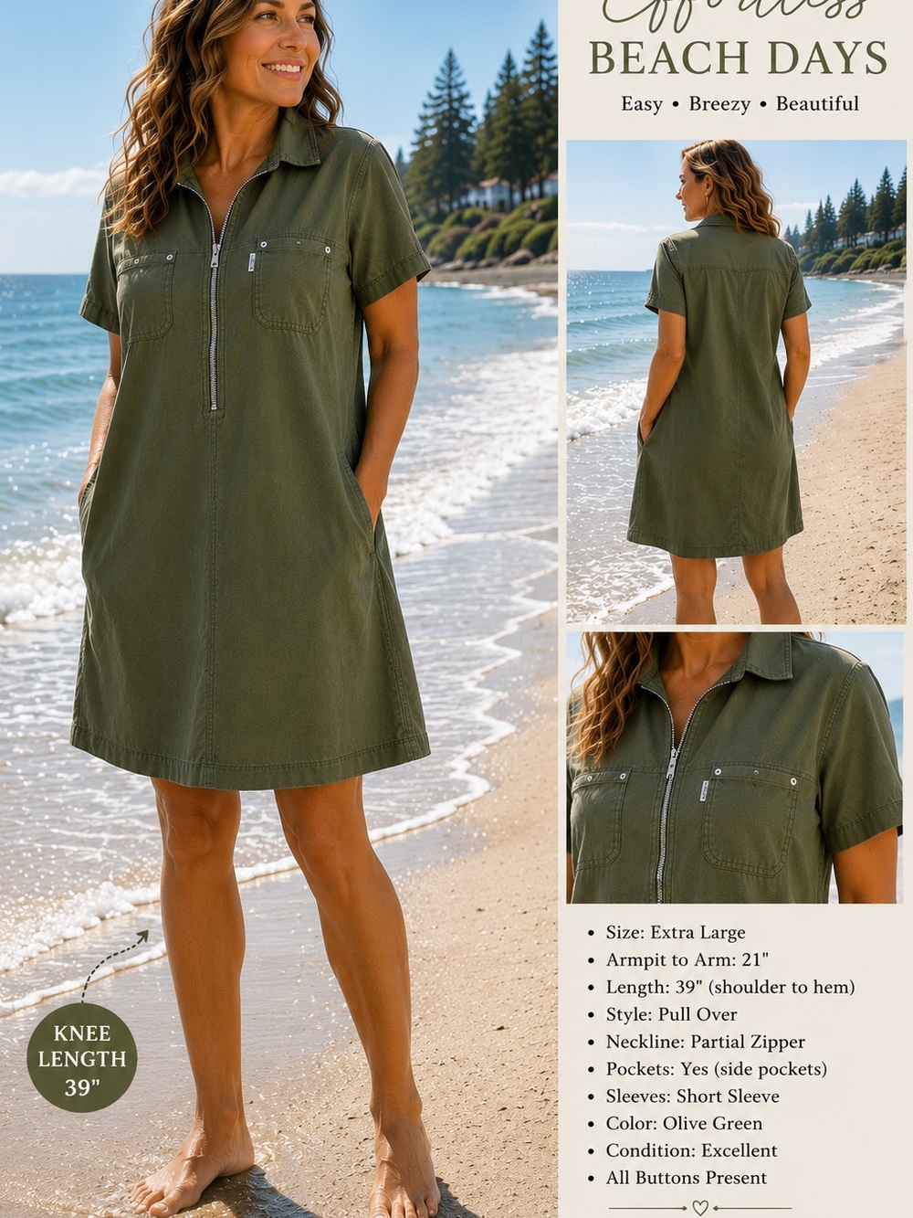 Title: Chic Size XL Olive Green Cotton Zip-Front Utility Shirt Dress